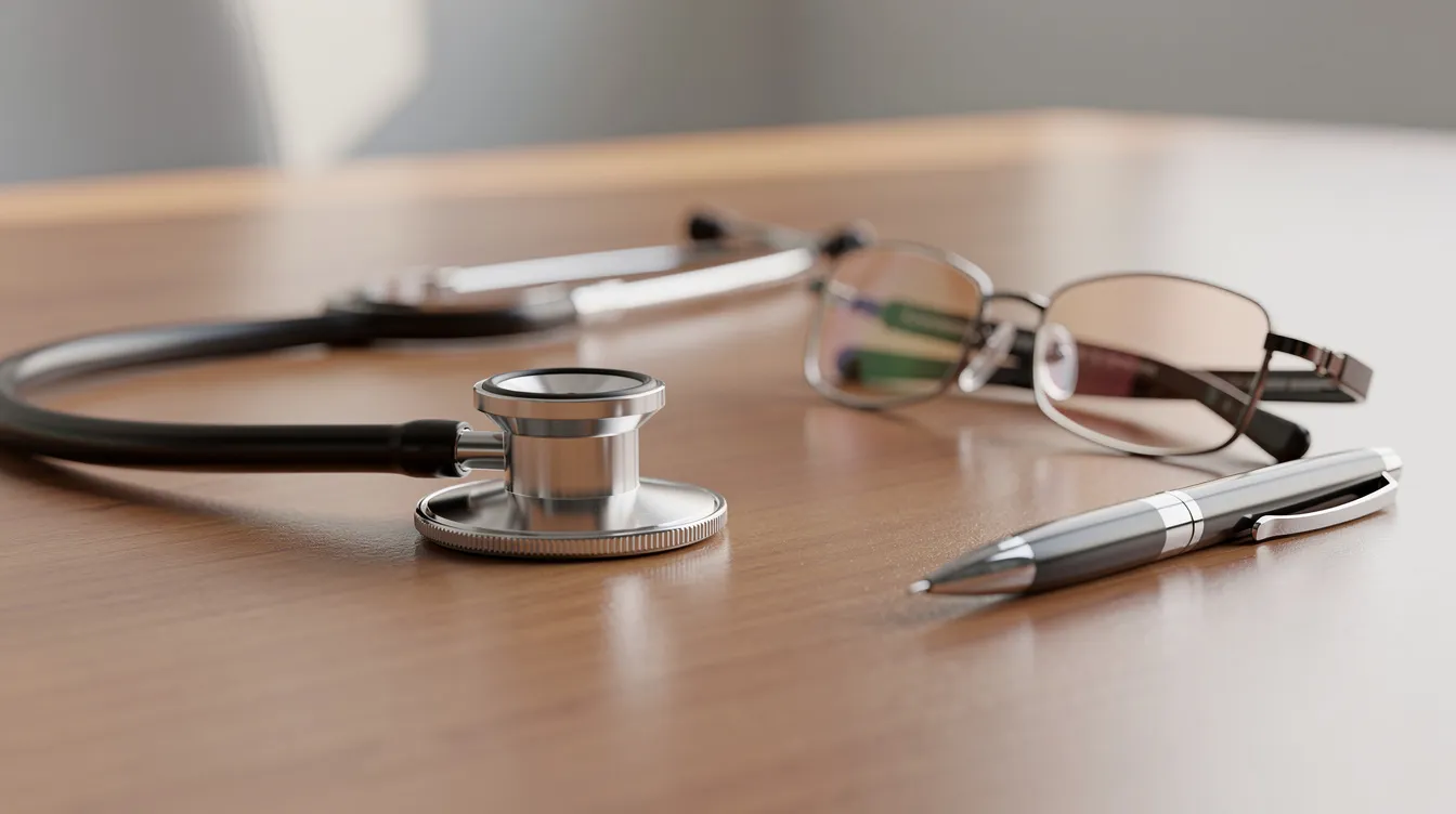 A stethoscope lies on a wooden desk beside reading glasses and a pen, symbolizing the connection between health care and personal finance. This image evokes the importance of planning for future medical expenses, particularly in relation to health savings accounts (HSA) and retirement savings.