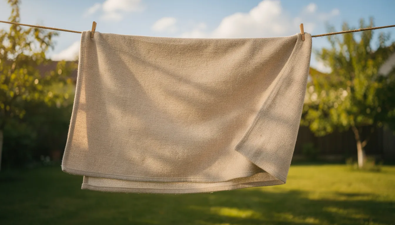 A colorful picnic blanket is hanging on a clothesline outdoors, basking in the sunlight as it dries. The blanket's vibrant patterns contrast with the blue sky, making it an inviting sight for outdoor adventures.