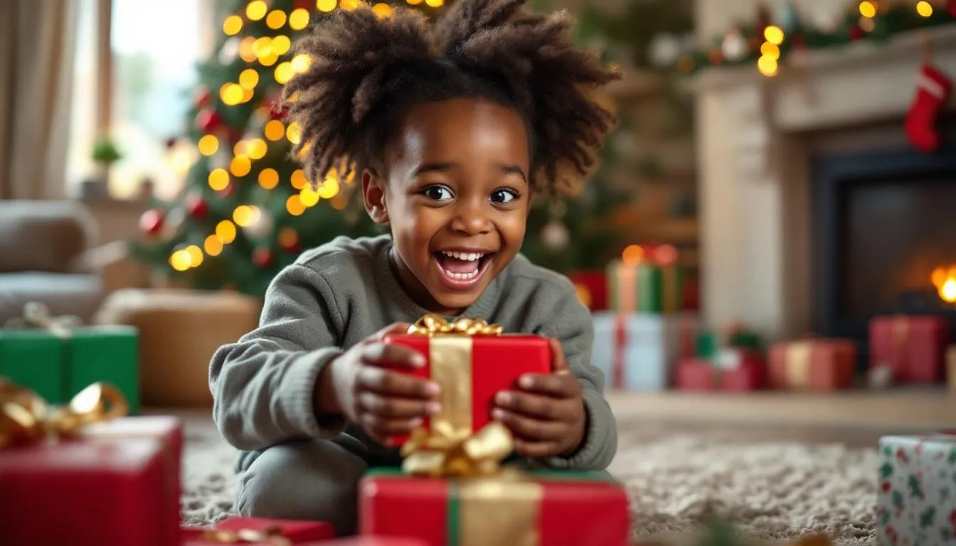 A joyful child eagerly unwraps a colorful Christmas gift, christmas novelties continuing the celebration