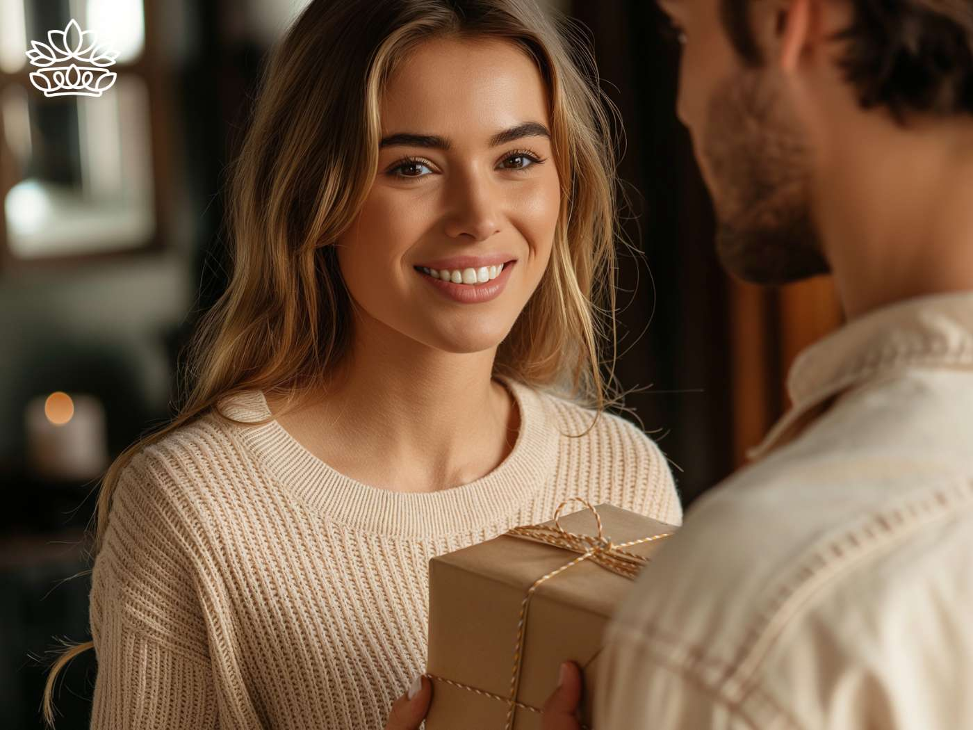 Smiling woman receiving a tastefully wrapped gift box, embodying the thoughtful essence of Fabulous Flowers and Gifts.