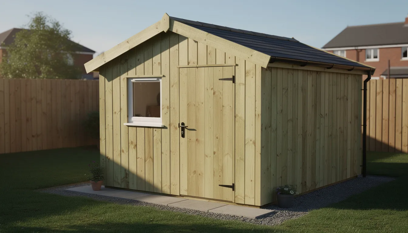 The image features a tanalised shed, showcasing its robust timber construction designed to withstand wet weather and high winds. With a weatherproof roof and secure door, this pressure-treated shed offers great quality storage for garden tools and materials, ensuring low maintenance and protection from pests.