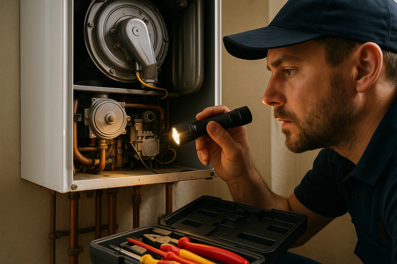 Engineer carrying out a boiler service and repair inside a family home.
