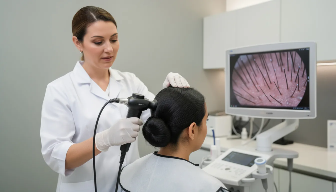 Na zdjęciu trycholog bada skórę głowy pacjenta za pomocą profesjonalnego urządzenia, które umożliwia dokładną analizę stanu cebulek włosów oraz ewentualnych problemów, takich jak nadmierne wypadanie włosów czy łojotokowe zapalenie skóry. W tle widoczne są narzędzia i kosmetyki do oczyszczania skóry głowy, co wskazuje na profesjonalną konsultację trychologiczną.