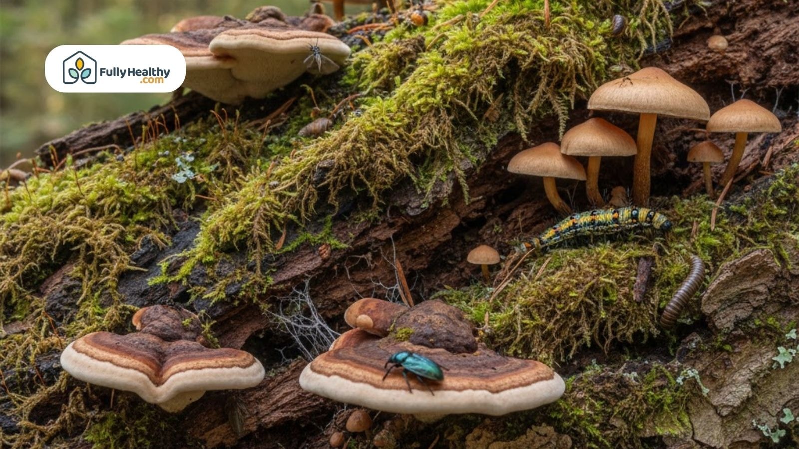 Mushrooms and insects on rotting wood covered with moss and fungi