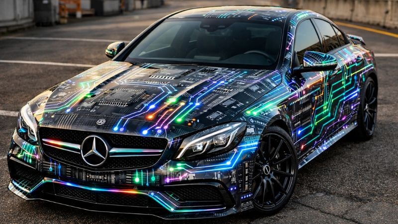 A car wrapped in motherboard-style circuits 