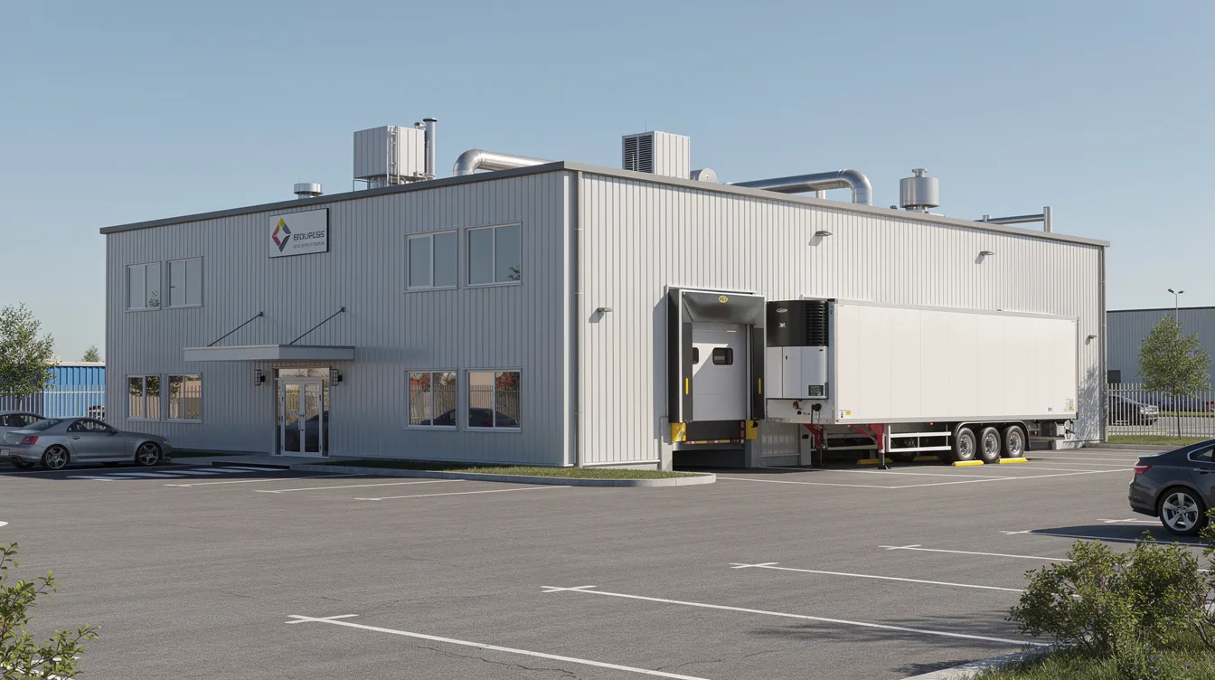 The image depicts a small industrial food processing factory building featuring a loading bay, which is likely involved in the production of gram flour, also known as besan, from chana dal. This besan mill plant is equipped for processing and packaging, contributing to the food processing industry in India.