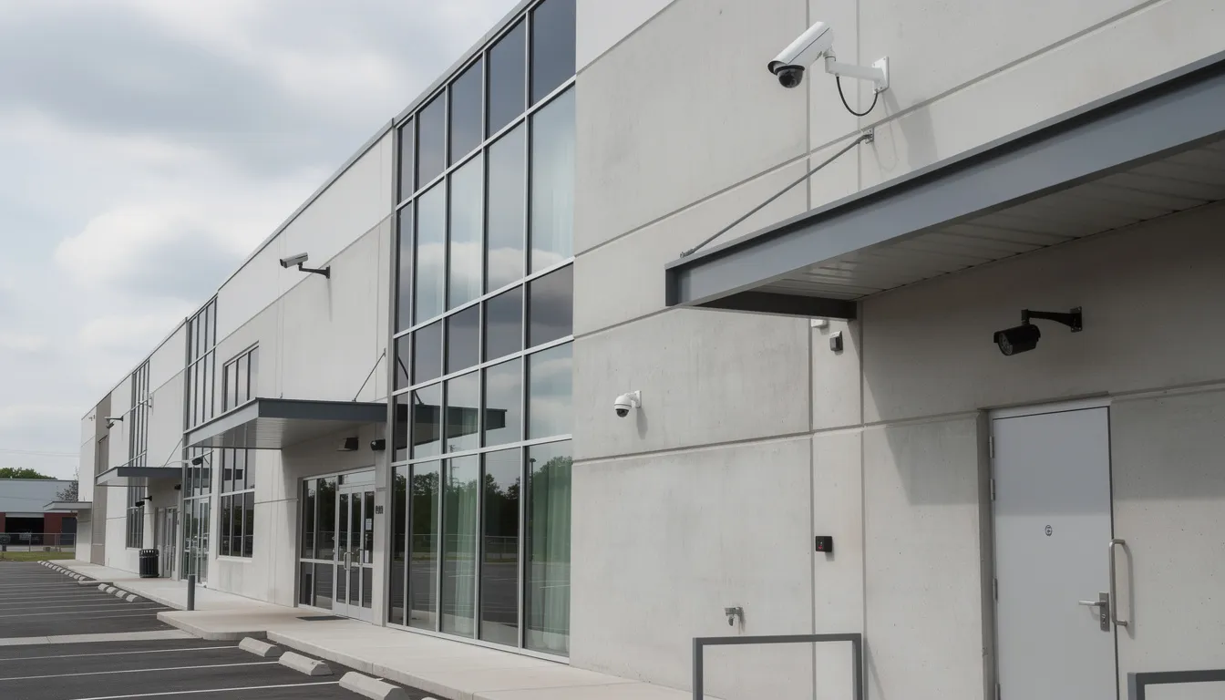 The image features various types of security cameras, including modern CCTV systems, mounted on the exterior walls of a commercial building, showcasing advanced technology for real-time surveillance and enhanced security. These cameras are part of a comprehensive security solution designed to safeguard properties and promote safety in public spaces.