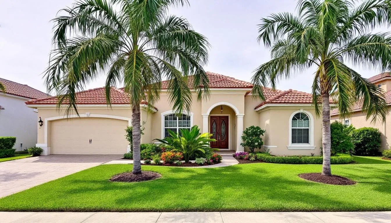 The image features an elegant single-family home with a Spanish tile roof, surrounded by palm trees and meticulously manicured landscaping, characteristic of Moody River Estates in North Fort Myers. This picturesque setting highlights the beauty of residential living in a gated community known for its amenities and desirable properties.