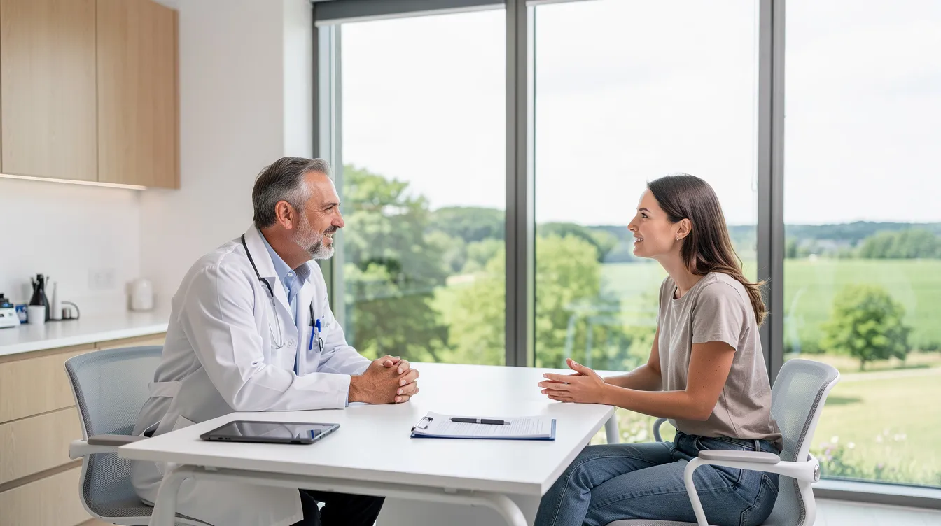 Ein Arzt führt ein Gespräch mit einer Patientin in einer modernen Praxis, die einen Blick auf eine grüne Landschaft bietet. Diese Umgebung fördert Entspannung und Stressabbau, während sie über Strategien zur Stressbewältigung und den Umgang mit Stresssituationen spricht.