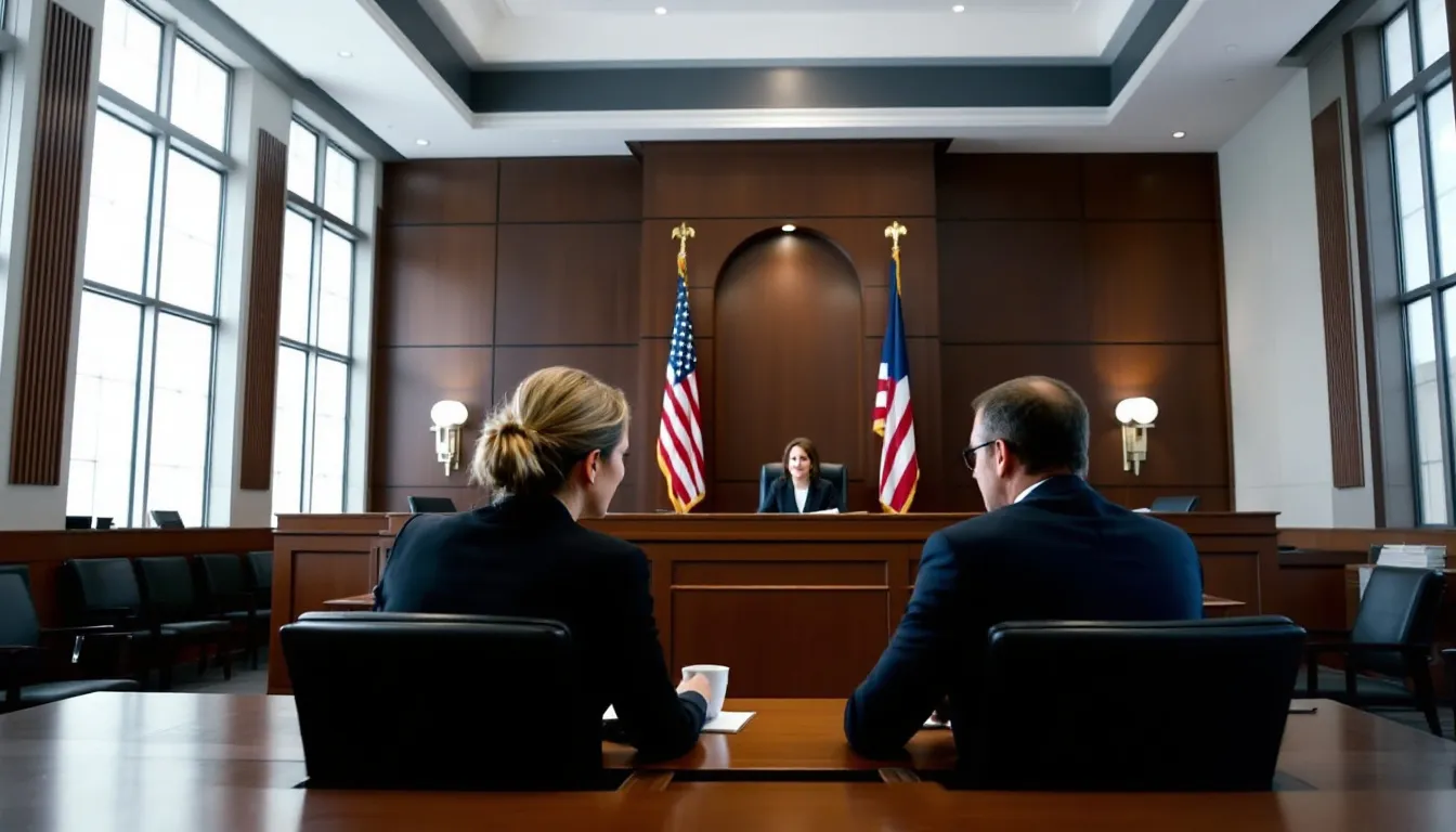 A California inheritance dispute lawyer is seen assisting clients in a bright courtroom, explaining their legal options regarding inheritance disputes and the probate process. The lawyer is focused on helping clients understand their rights, including issues related to fiduciary duties and the decedent's estate.