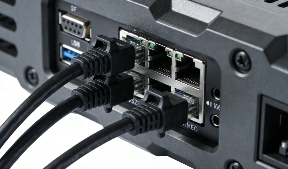 Close-up of POS terminal I/O ports showing secure Ethernet and USB connections for restaurant reliability.