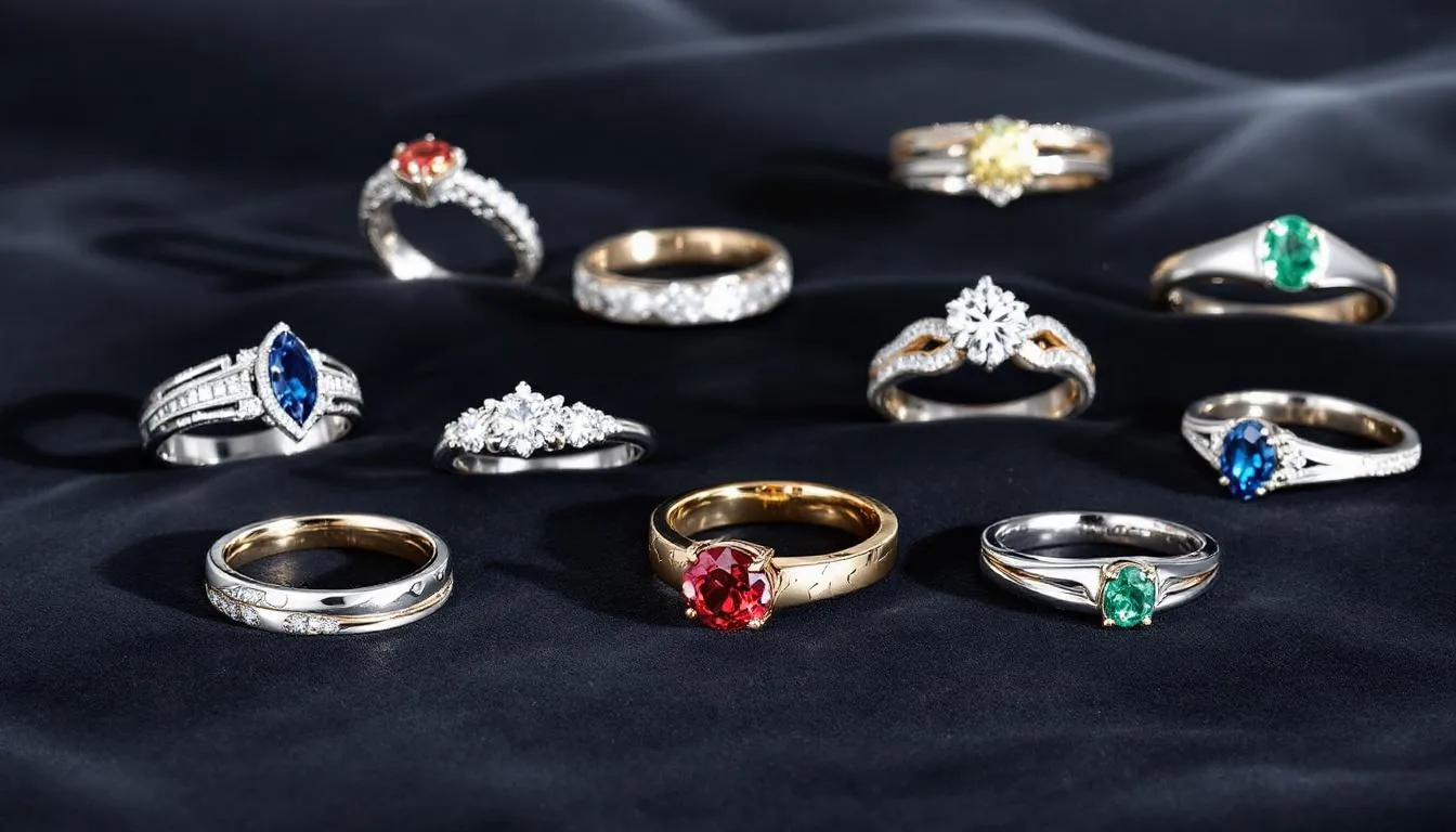 An elegant display showcases a collection of diverse serenity rings, featuring various gemstones, metals like sterling silver and yellow gold, and unique band textures, highlighting the beauty and style of each piece. This arrangement invites viewers to appreciate the authenticity and design details of these exquisite jewellery items.