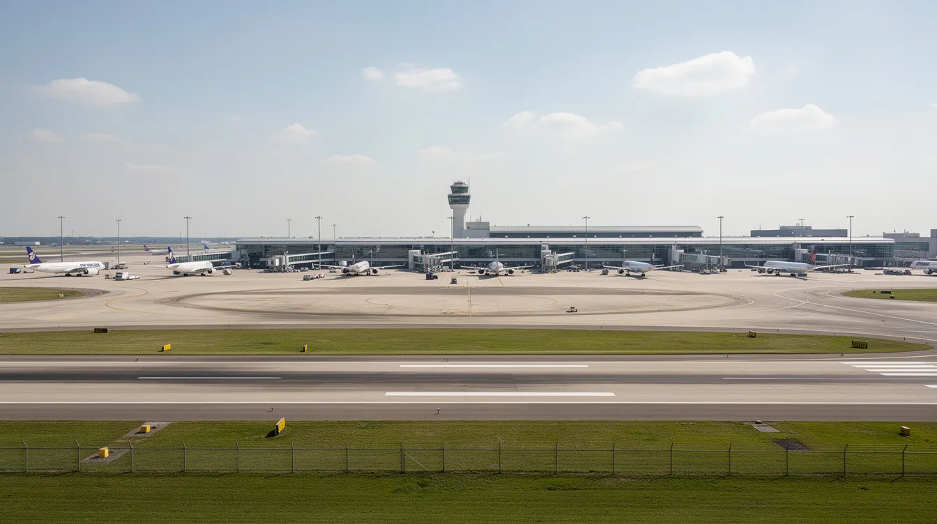 Das Bild zeigt einen Flughafen mit Rollfeldern und mehreren Flugzeugen, die aus der Ferne betrachtet werden. Im Hintergrund sind die Umrisse von Gebäuden und möglicherweise einige klimaaktivisten zu sehen, die sich für den Klimaschutz einsetzen.