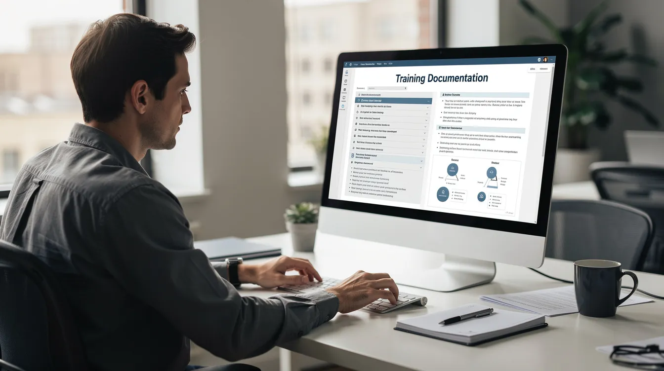 Professional seated at a desk, reviewing training documentation.