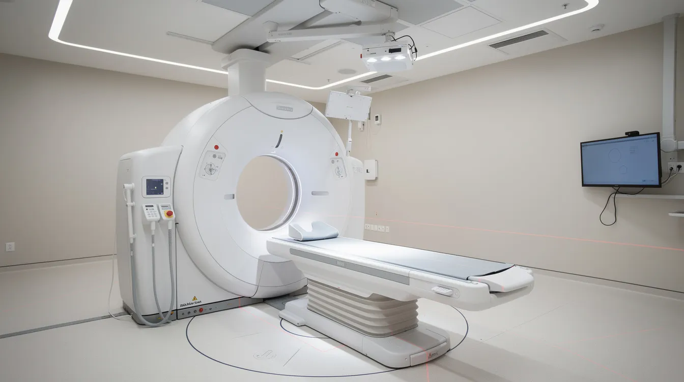 The image shows a medical linear accelerator machine positioned in a radiation treatment room, designed for delivering precise cancer therapy. This advanced medical equipment is essential for comprehensive cancer care setups in hospitals, contributing to effective treatment for patients with abnormal cell growth.