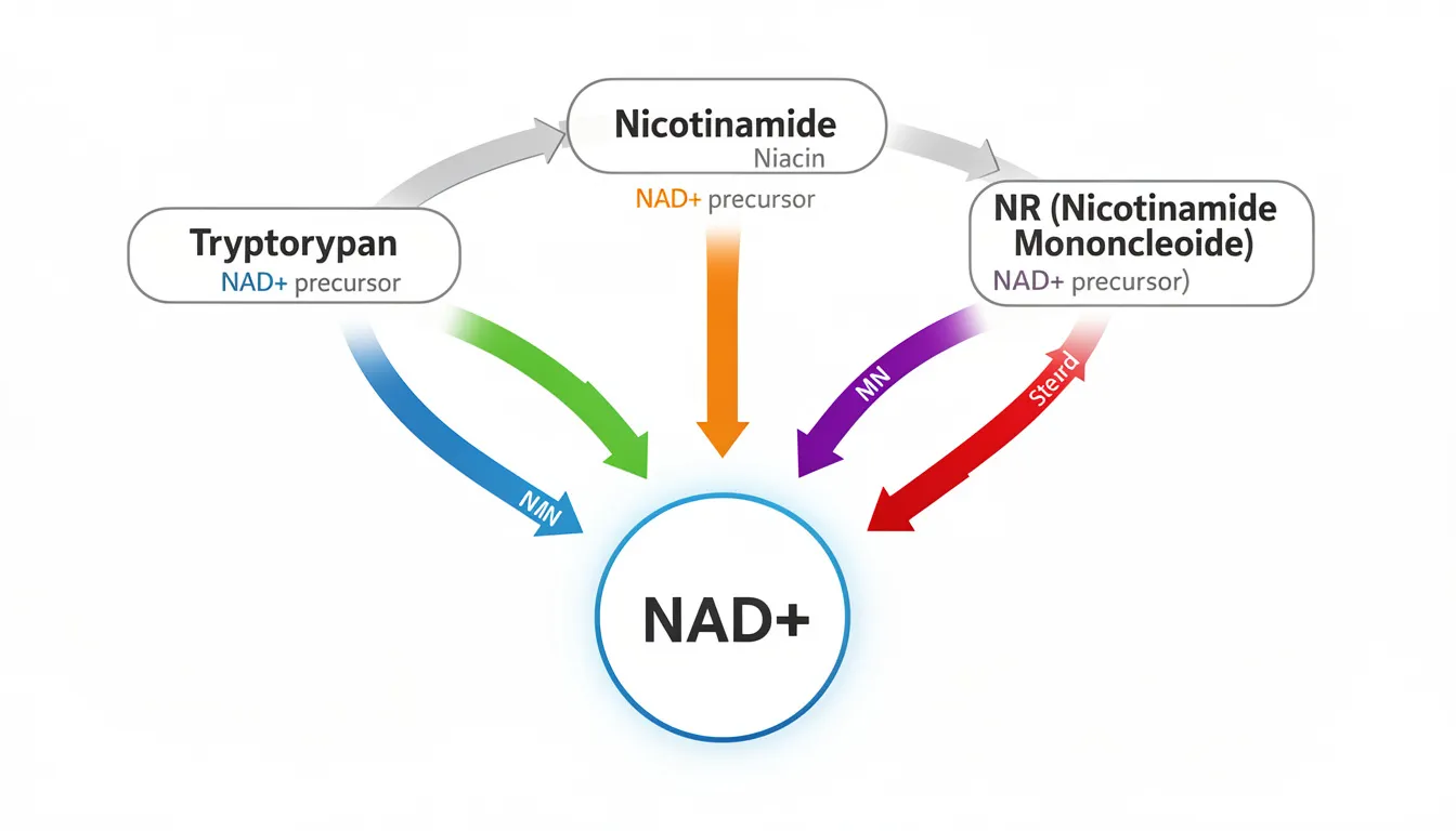 This flowchart illustrates the synthesis pathways of NAD+ by showing arrows from tryptophan, niacin, nicotinamide, nicotinamide riboside (NR), and nicotinamide mononucleotide (NMN) converging towards a central NAD+ molecule, emphasizing its key role in cellular health and energy production. The diagram highlights the importance of boosting NAD levels for healthy aging, cellular metabolism, and overall well-being.
