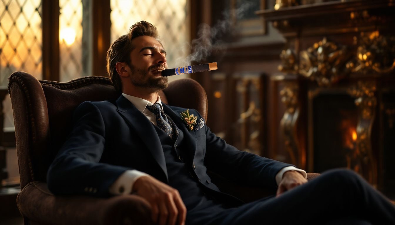 A person enjoying a cigar in a relaxed setting.