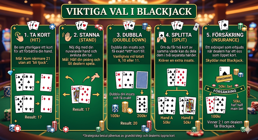Viktiga val i blackjack – ta kort, stanna, dubbla, splitta och försäkring i blackjack regler