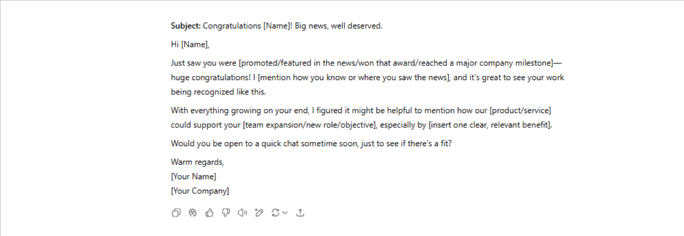 Congratulatory outreach email example