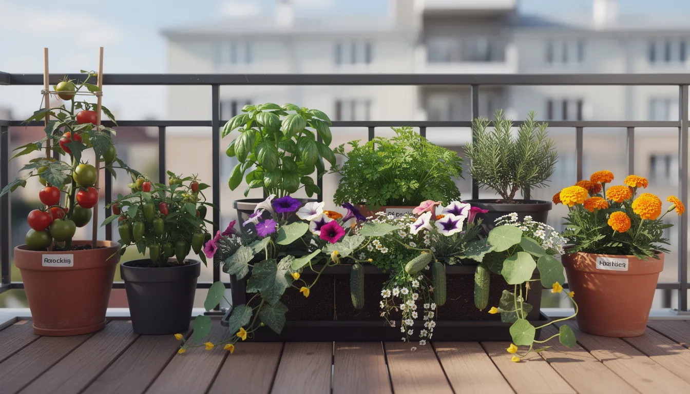 A vibrant balcony garden featuring various container plants, including pots filled with tomato plants, peppers, basil, parsley, and colorful annuals like marigolds and nasturtium. On the balcony railing, a long container showcases trailing cucumbers, petunias, and alyssum, creating a lush and inviting small space for growing vegetables and herbs.