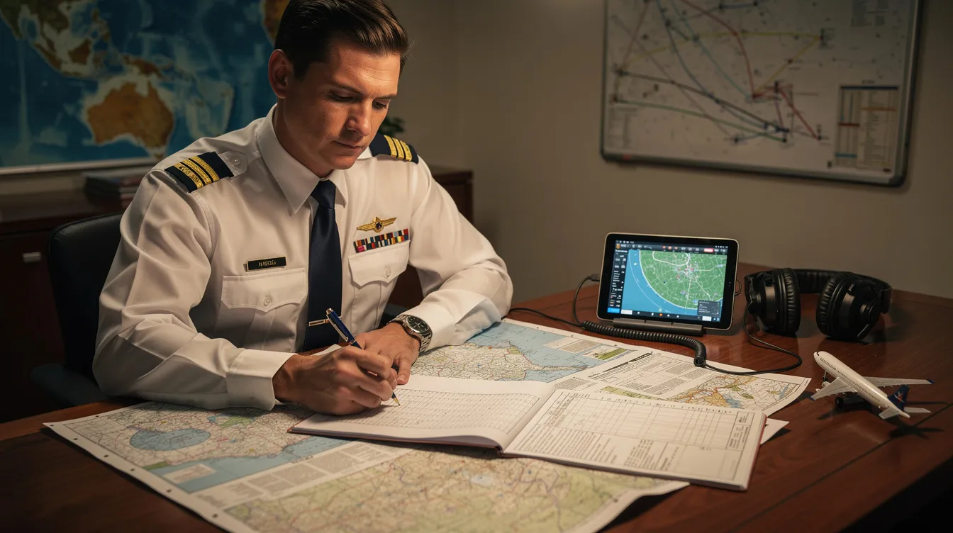 A pilot is seated at a desk, surrounded by various aeronautical charts and flight planning materials, including the Jeppesen private pilot textbook. The scene illustrates the study of flight lessons and ground lessons, emphasizing the importance of understanding weather products and threat management in aviation training.