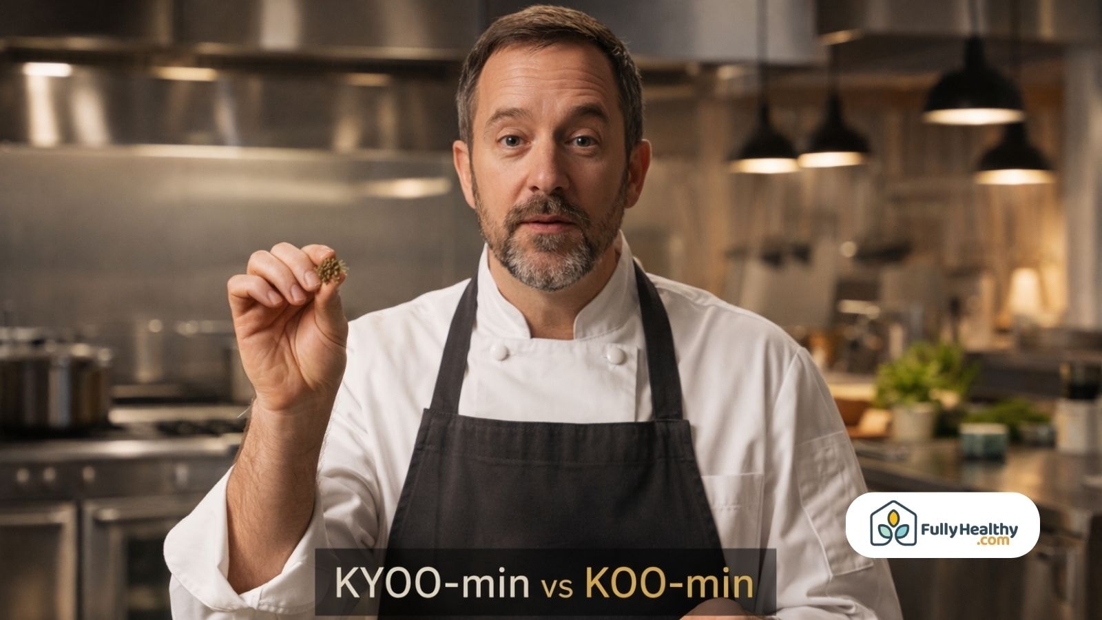 Chef holding cumin seeds with pronunciation comparison text