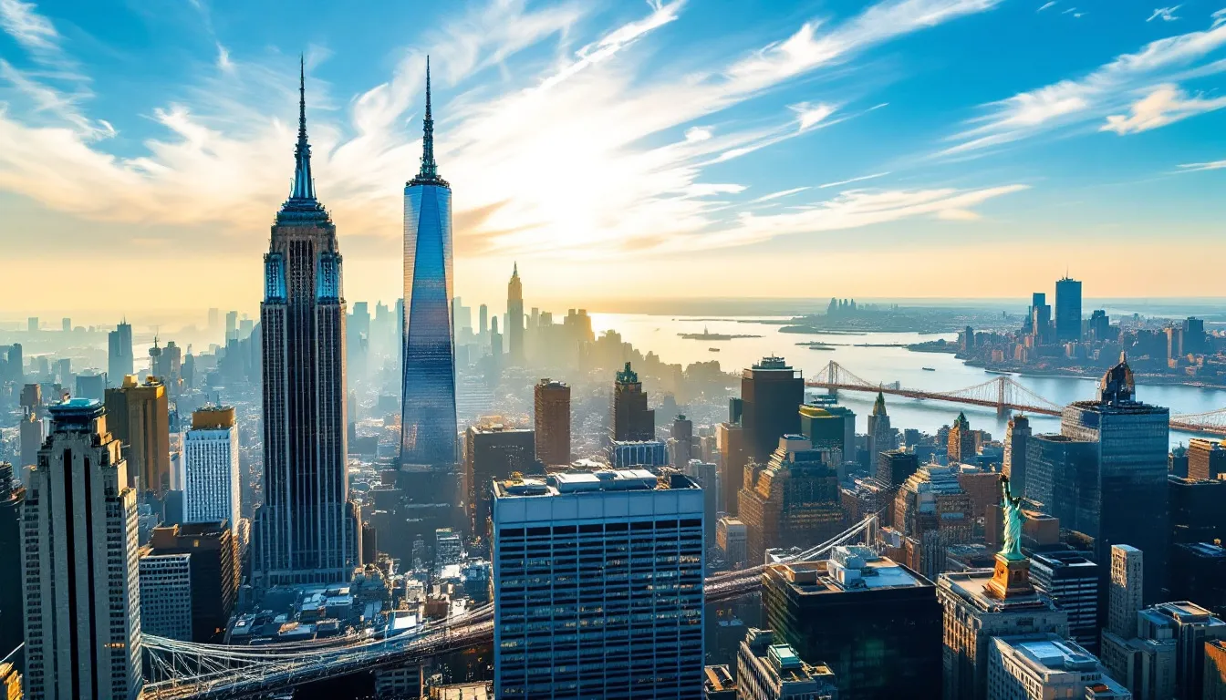 A breathtaking view of the New York skyline from a helicopter tour, showcasing iconic landmarks.