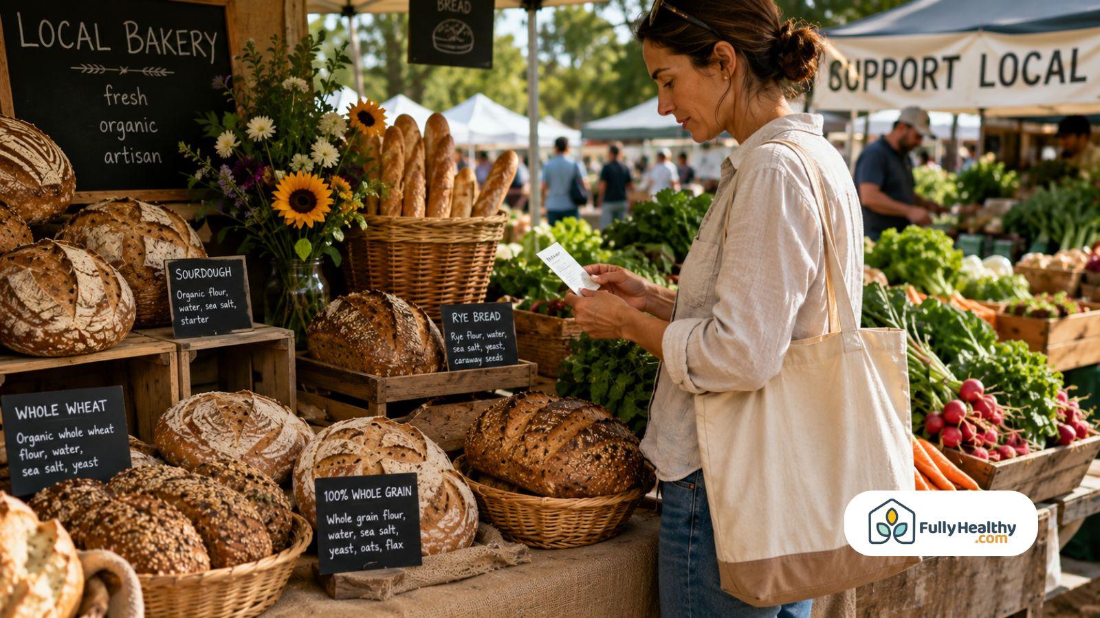 Shopper reading bread ingredient label at local bakery with artisan bread display