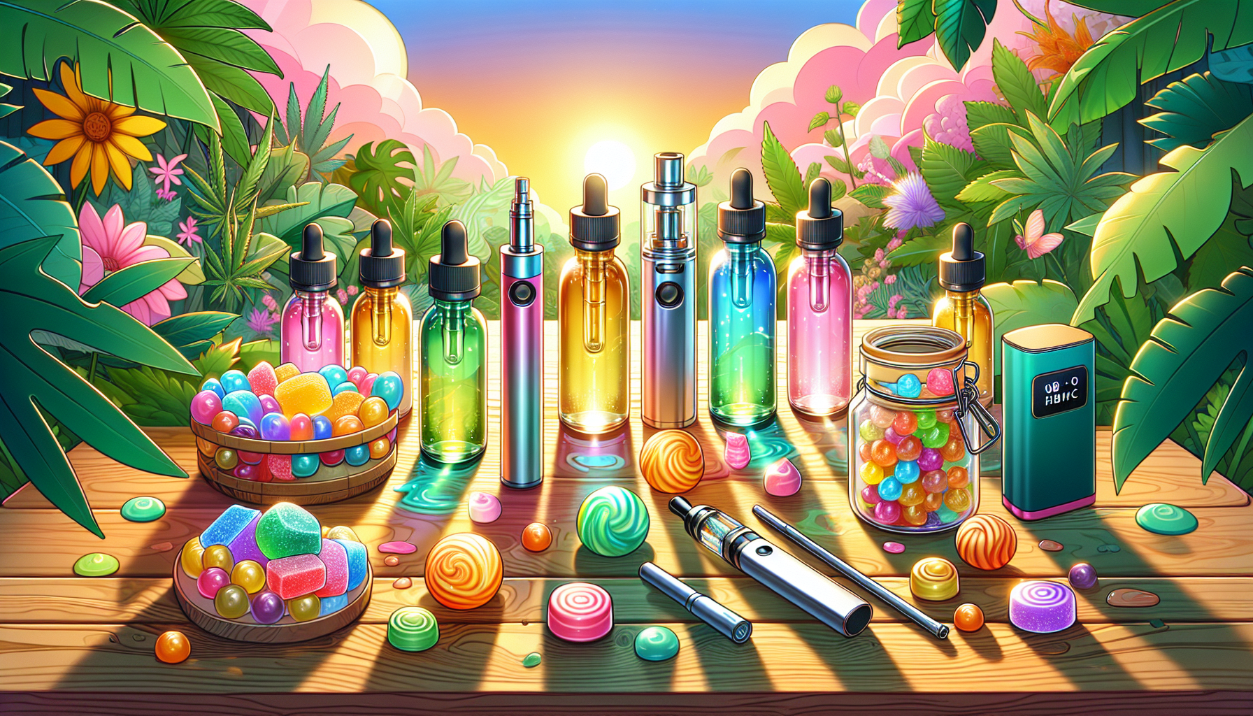 A colorful illustration showing the variety of 08 OH HHC products.