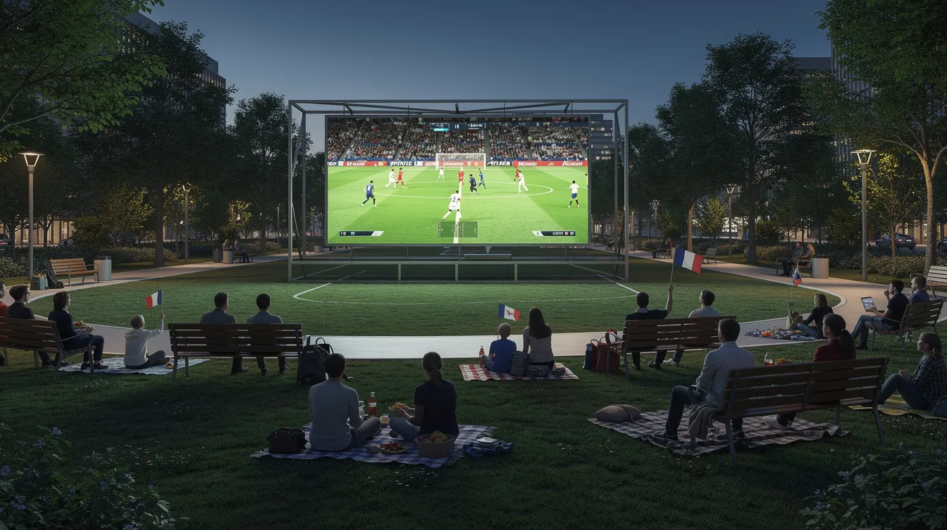 En un parque al aire libre en Los Ángeles, se puede ver una gran pantalla LED donde se transmitirá un emocionante partido de la Copa Mundial 2026. Este lugar, ideal para aficionados al fútbol, ofrece un ambiente festivo con actividades y opciones de comida para disfrutar durante el evento.