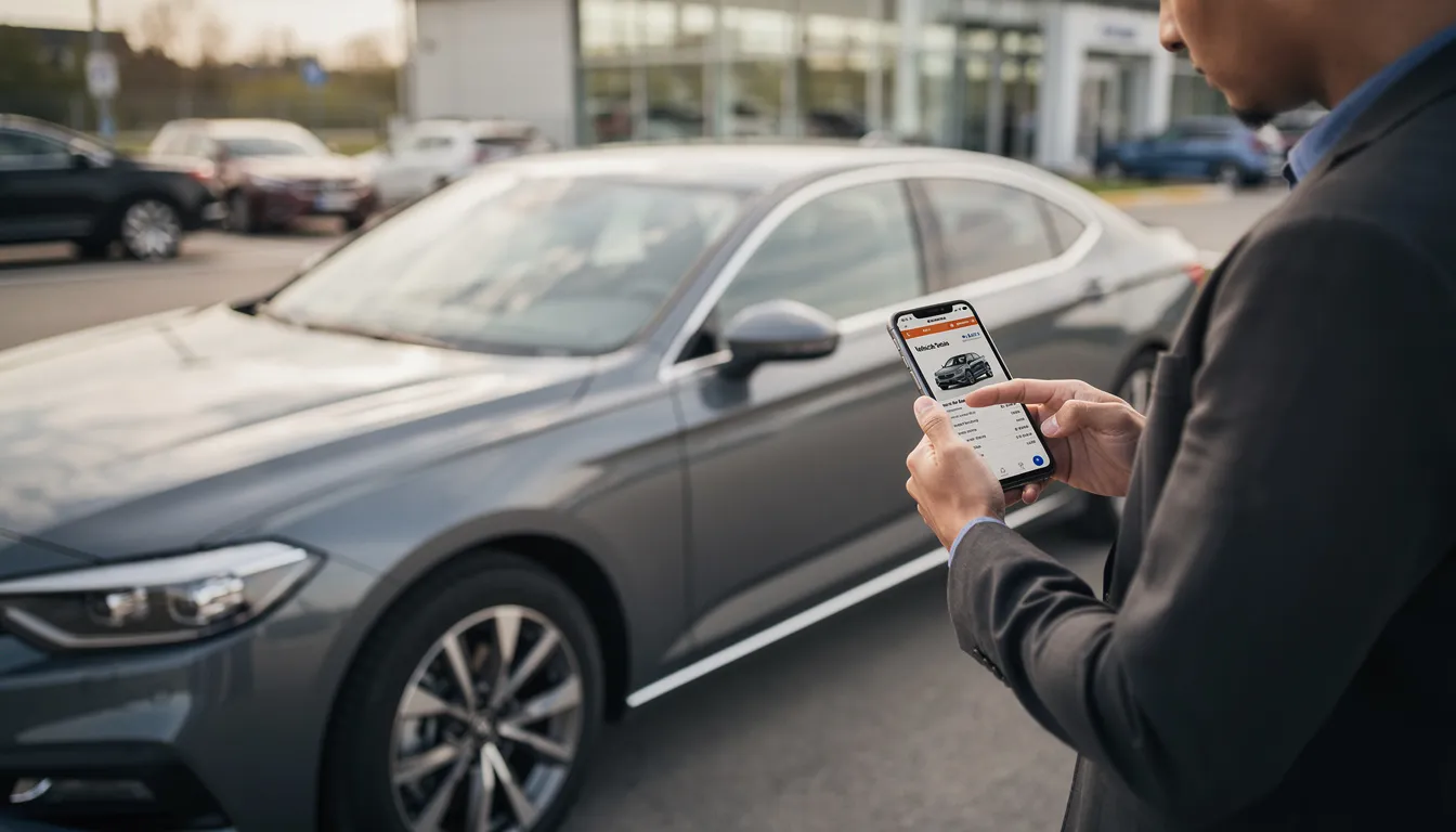 A person stands next to a car, using their smartphone to conduct a ppsr check for vehicle information, including the car's history and any outstanding debts. They are likely researching details such as the vehicle identification number (VIN) and previous owner to protect themselves as consumers before making a purchase.
