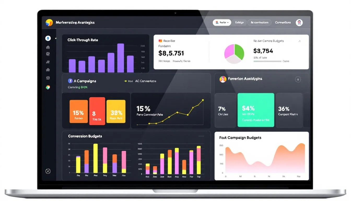The image depicts an analytics dashboard featuring various charts and graphs that illustrate performance metrics across multiple advertising channels, including social media marketing and search engine optimization. This visual representation provides valuable insights into effective marketing strategies and audience engagement, helping businesses choose the right marketing channels to increase brand awareness and generate leads.