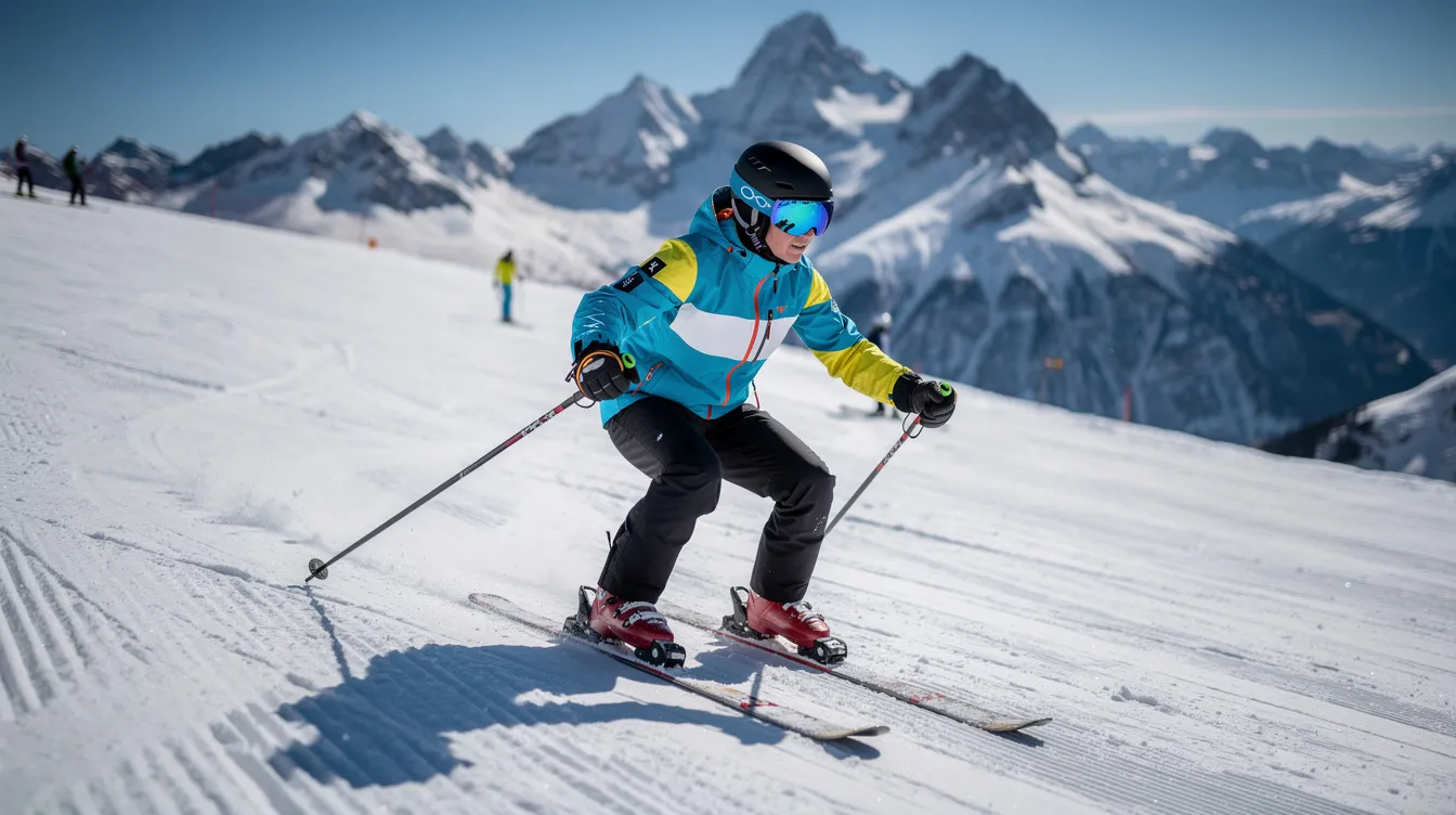 Ein Skifahrer befindet sich in einer athletischen Grundposition auf einer sonnigen blauen Piste, während im Hintergrund majestätische Berge zu sehen sind. Seine Körperhaltung ist stabil und kontrolliert, was auf eine gute Technik beim Skifahren hinweist.