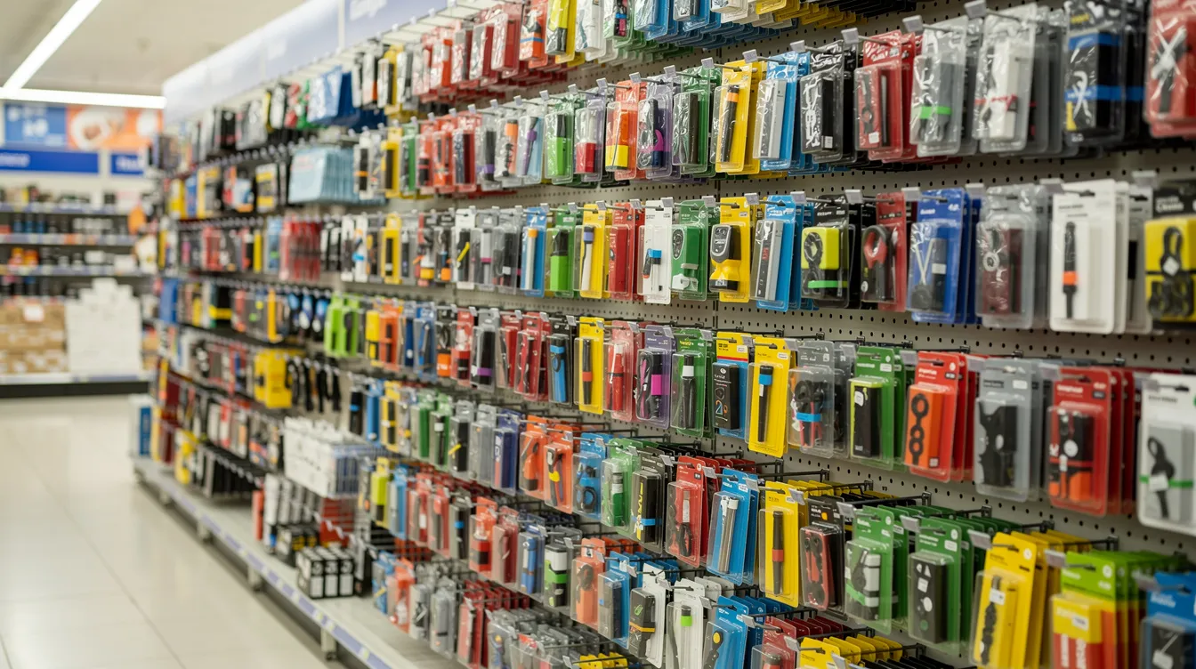 A variety of retail blister packages are displayed on pegboard hooks in a brightly lit store aisle, showcasing several types of products, including medication and light-sensitive items, all securely sealed in blister packaging. The organized layout allows easy access for customers to view and select their desired items.