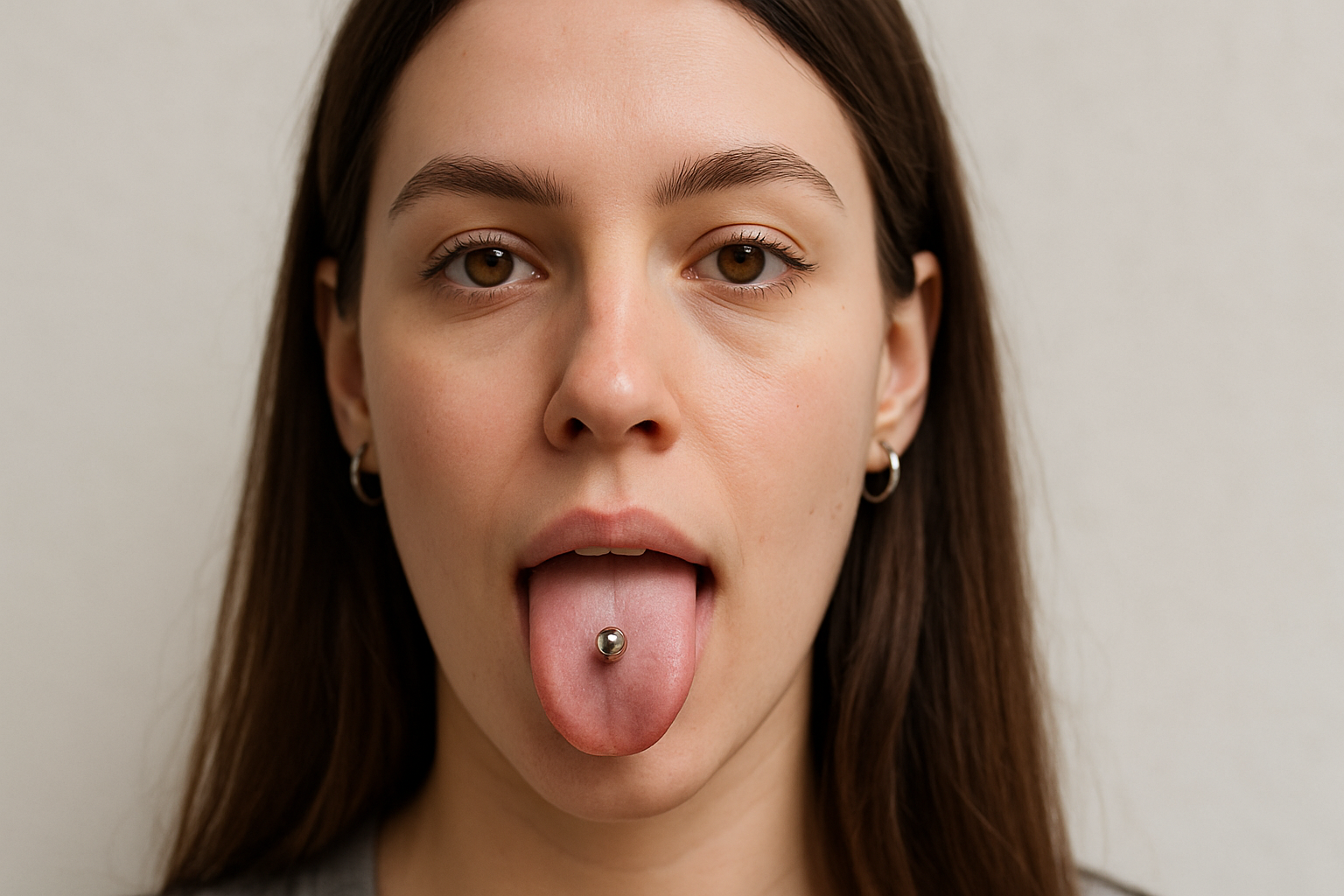 Ung kvinne viser tungepiercing med nøytral bakgrunn – et nærbilde som fremhever piercingen og ansiktsuttrykket.