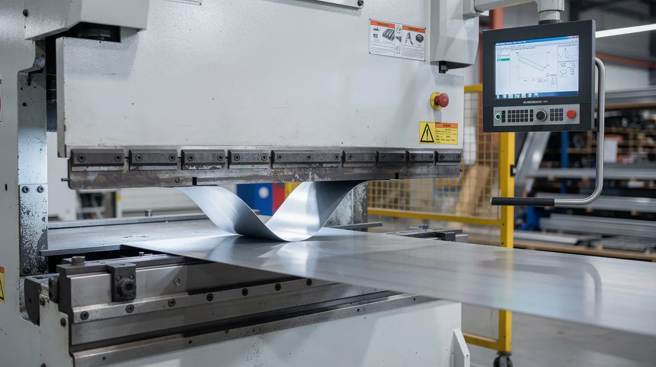 An industrial CNC press brake machine is shown in action, forming a sheet metal part as a punch descends into a V-die, demonstrating the bending process used in metal fabrication. This high-precision operation utilizes various metal bending techniques to achieve complex shapes with accurate bend angles and minimal springback.