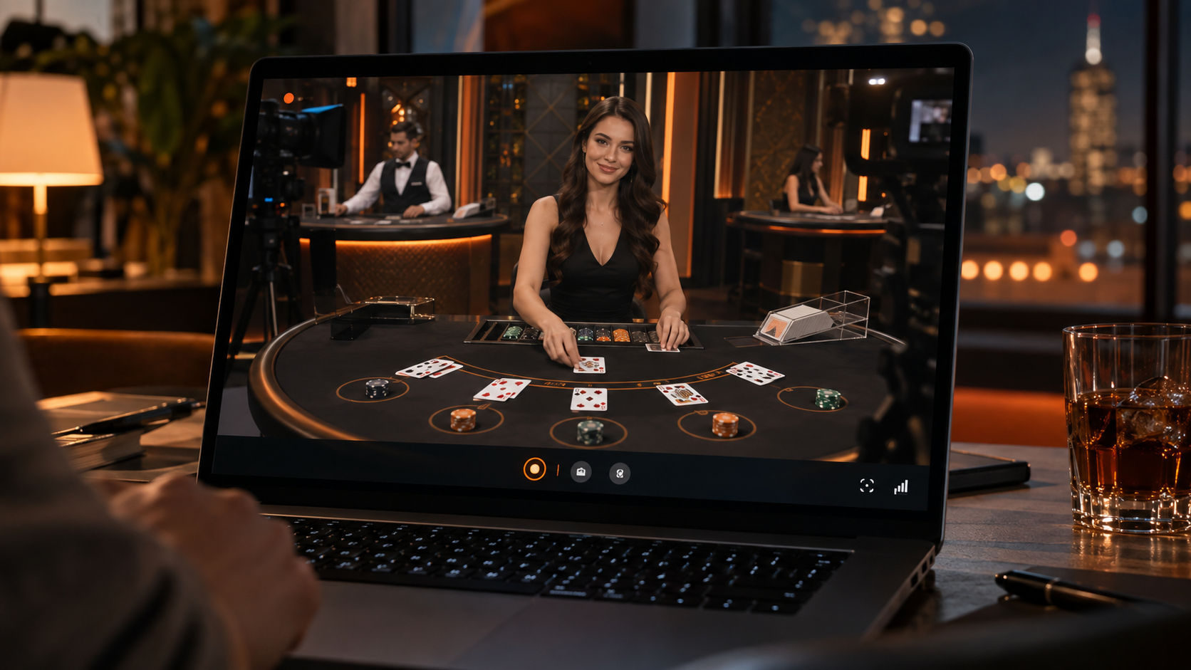 Livestream van een blackjackdealer op een laptopscherm.