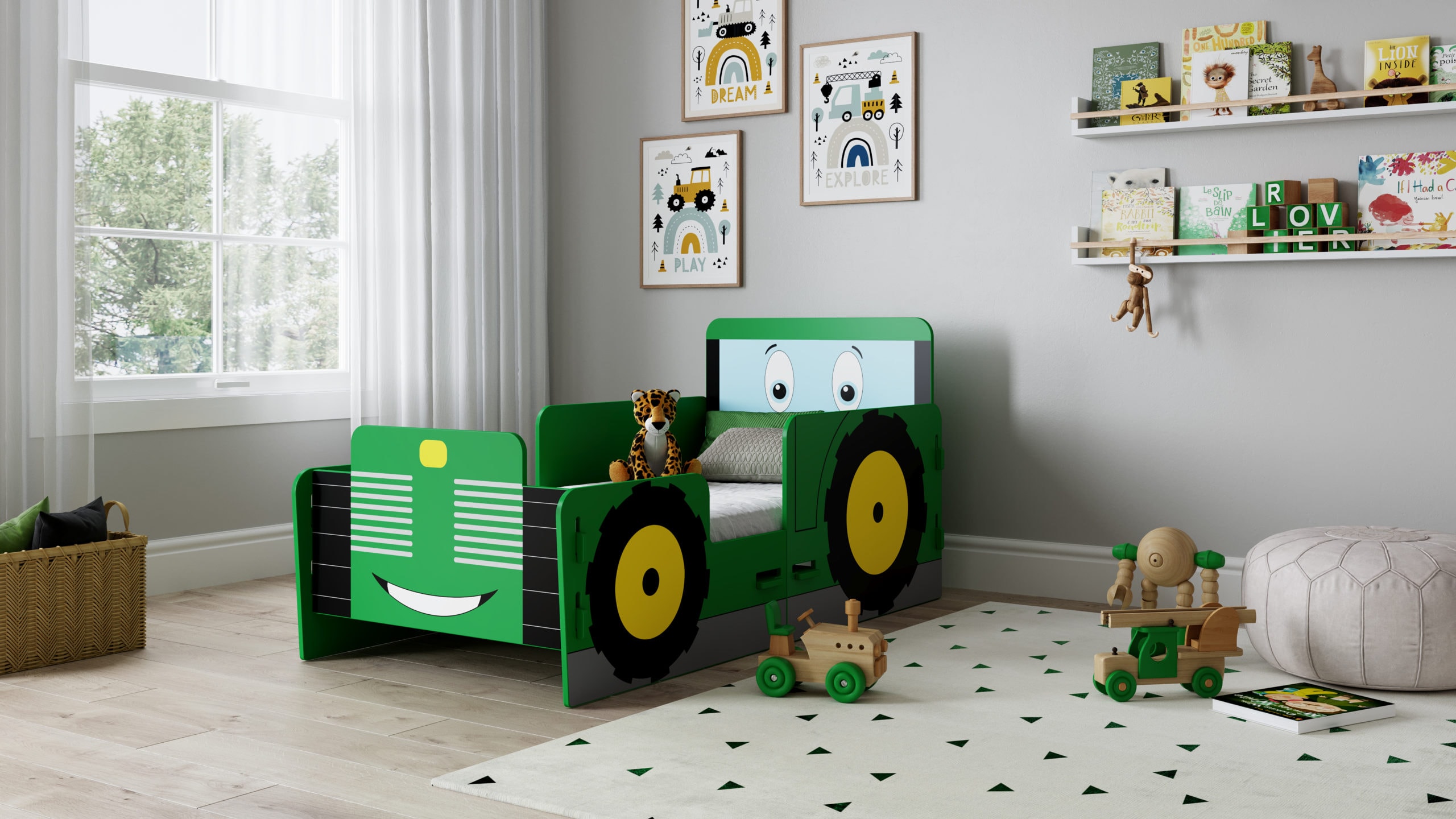 A child's bed in the shape of a tractor