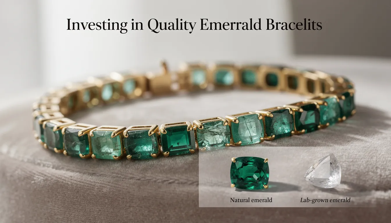 The image features a stunning emerald bracelet showcasing its vivid green hue and intricate craftsmanship, highlighting the elegance and quality of the piece. The bracelet's design emphasizes the natural beauty of the emeralds, making it a thoughtful choice for those looking to invest in timeless jewelry.