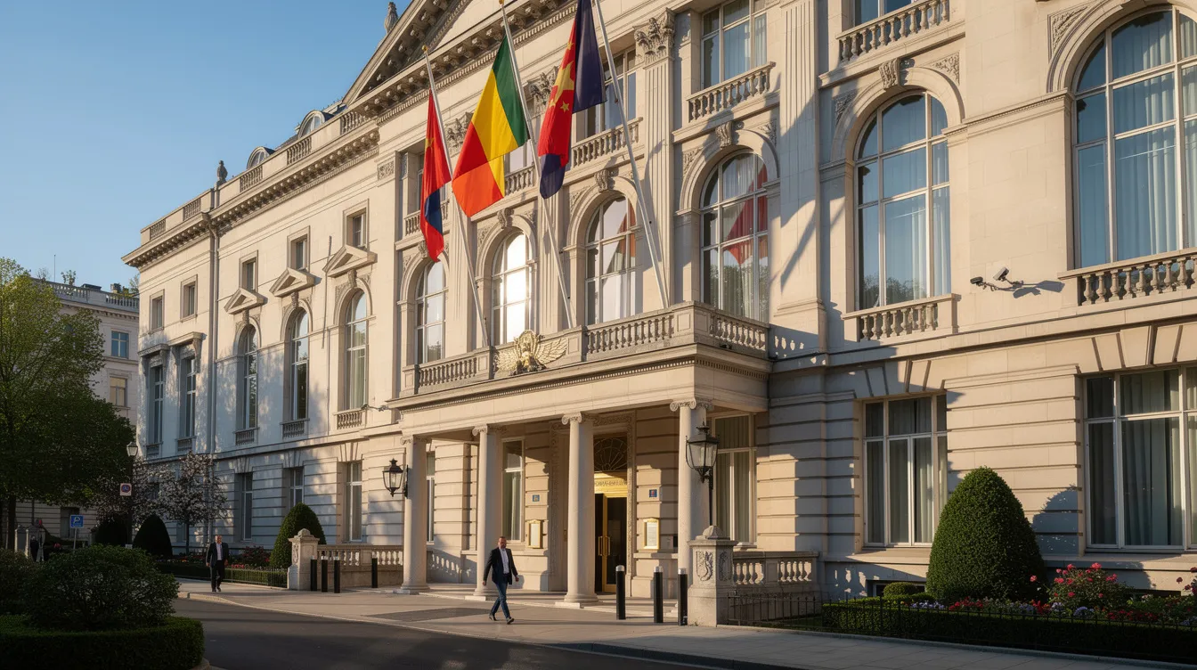 The image features a European-style embassy building adorned with the national flags of various countries, set against a bright blue sky on a sunny day. This embassy serves as a vital location for nationals seeking visa information and guidance on entry requirements to visit Ireland.