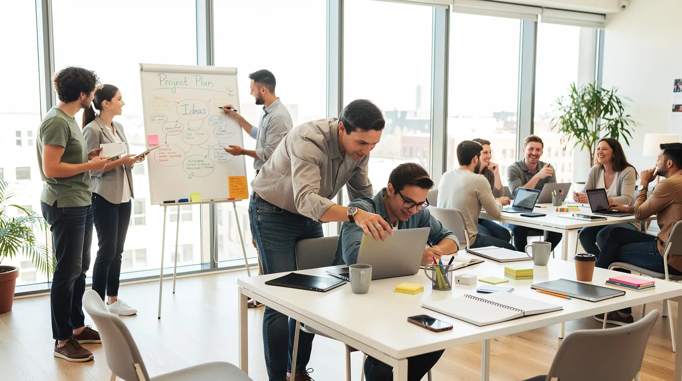 The image shows students and mentors collaborating in a bright, open workspace, engaging in discussions and using tools to enhance their internship management experience. This dynamic environment fosters teamwork and real-time communication, essential for successful internship programs and talent development.