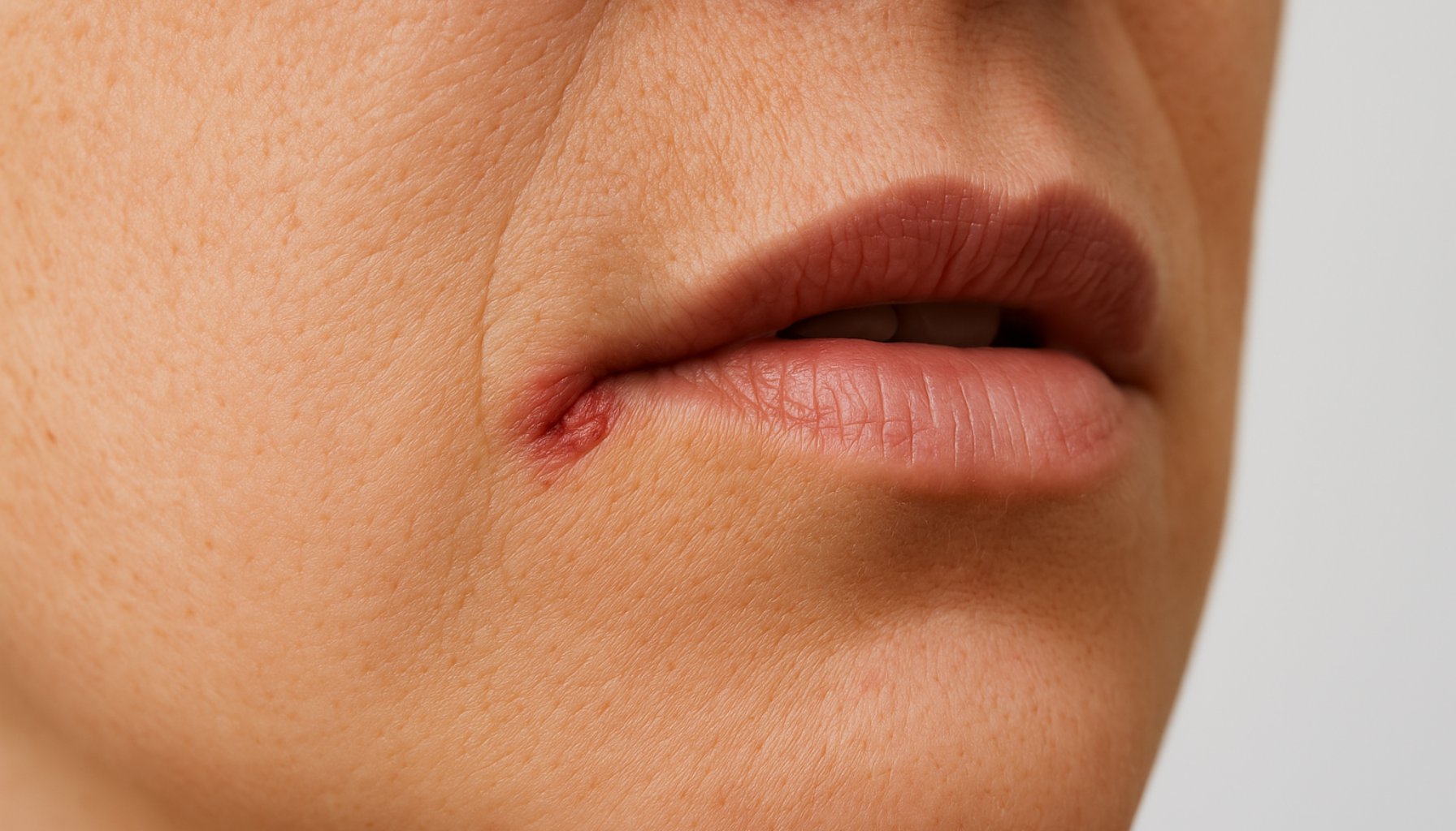 Angulær cheilitt: Sår i munnviken du ikke bør ignorere 19 "Nærbilde av munnvike med rød betennelse og sår, typisk for angulær cheilitt som kan forårsake smerte."