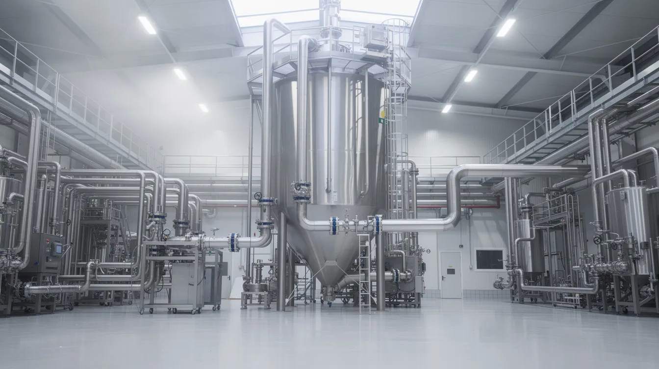 The image depicts an industrial spray drying tower within a dairy processing facility, showcasing stainless steel pipes and valves that are integral to the milk powder manufacturing process. This setup is essential for producing various milk powder products, including skimmed and whole milk powder, highlighting the efficiency and complexity of the milk powder industry.
