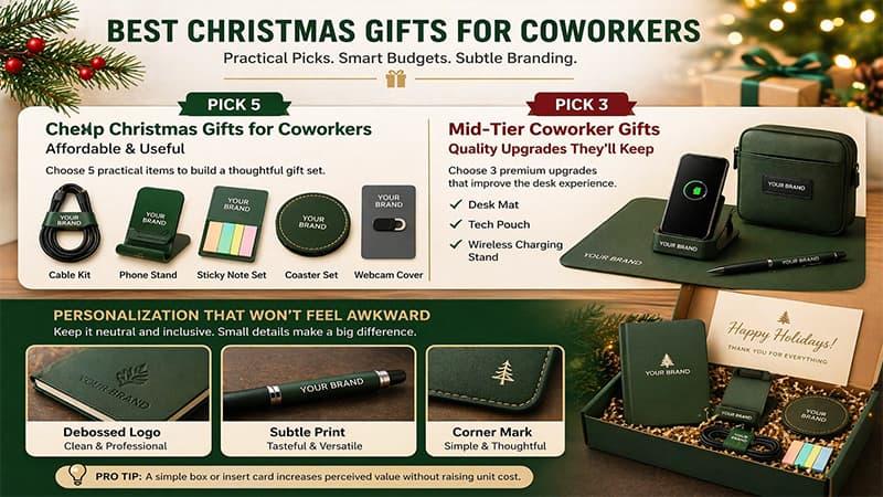 Best Christmas gifts for coworkers infographic with branded desk accessories, realistic holiday banner