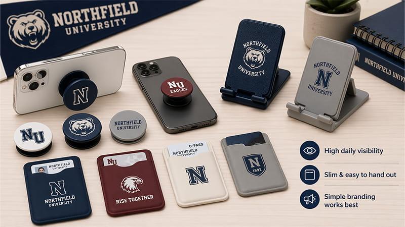 Phone grips, silicone wallets, and foldable phone stands, designed for dorm desks and daily use, branded with simplified school logos, perfect for student giveaways
