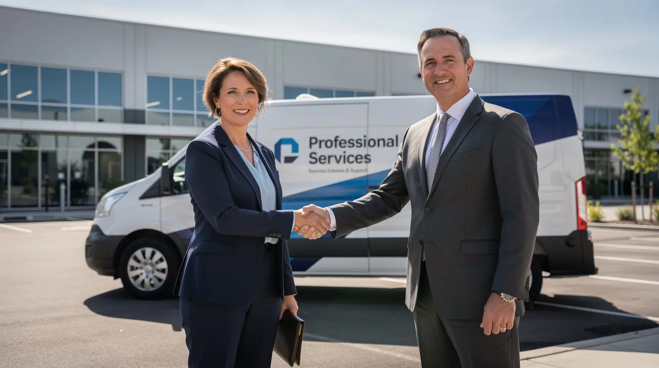 The image depicts two business professionals shaking hands in front of a commercial service van, symbolizing a successful business acquisition. This moment highlights the importance of strategic planning and financing options, such as hard money loans, in achieving business goals.