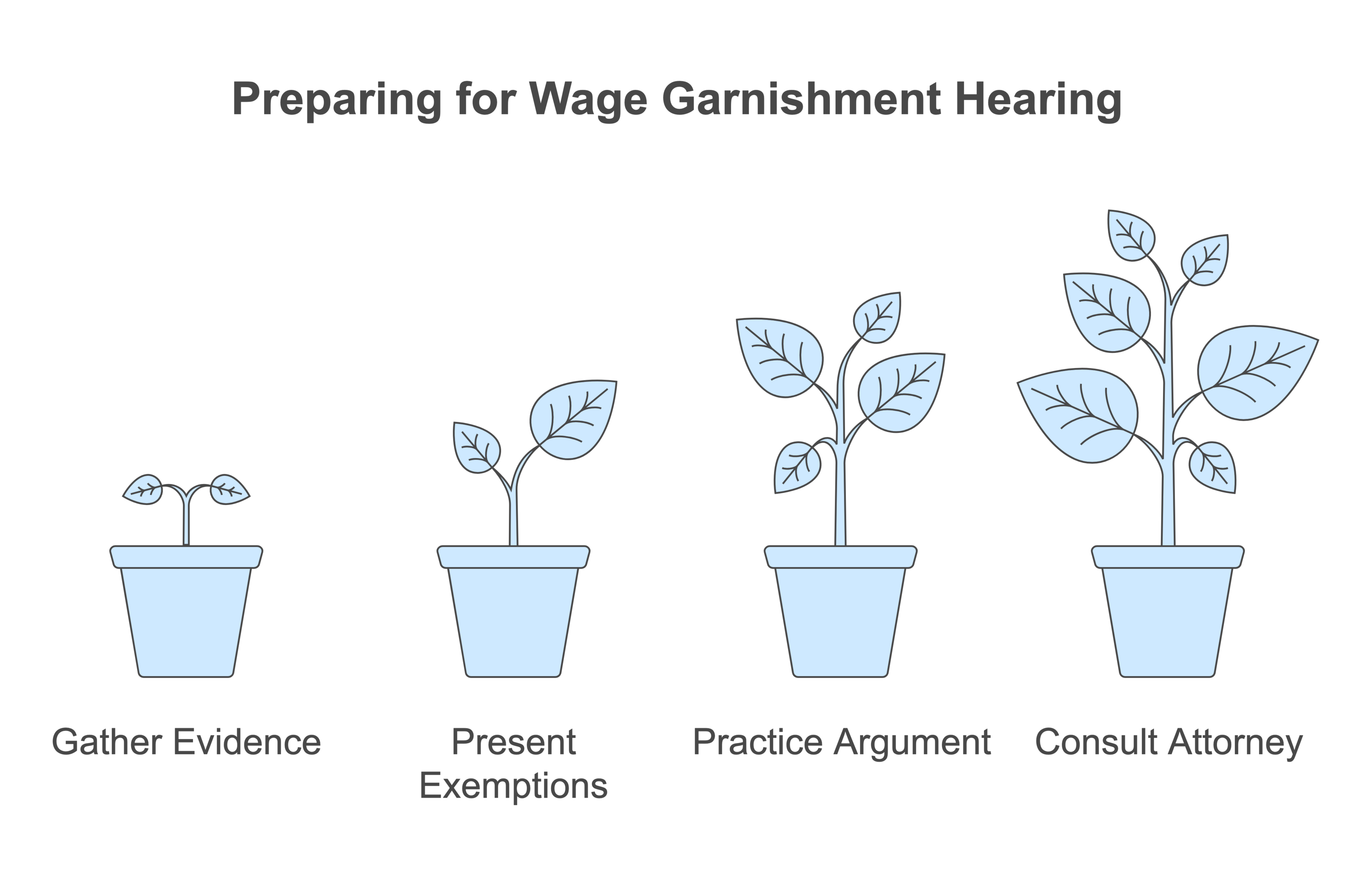 An infographic showing the steps to prepare for a wage garnishment hearing in California