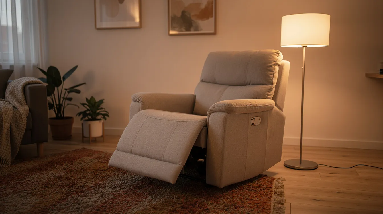 Een gezellige woonkamer met een comfortabele relaxfauteuil, voorzien van een verstelbare rugleuning en een voetensteun, staat naast een stijlvolle staande lamp op een warm vloerkleed. Deze perfecte relaxfauteuil nodigt uit tot ultiem zitcomfort en ontspanning.