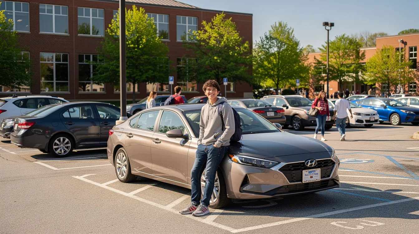 A student stands next to their car in a college campus parking lot, surrounded by other vehicles, showcasing the everyday scene of campus life. This image highlights the importance of reliable car shipping services for students needing vehicle transport during their academic journey.