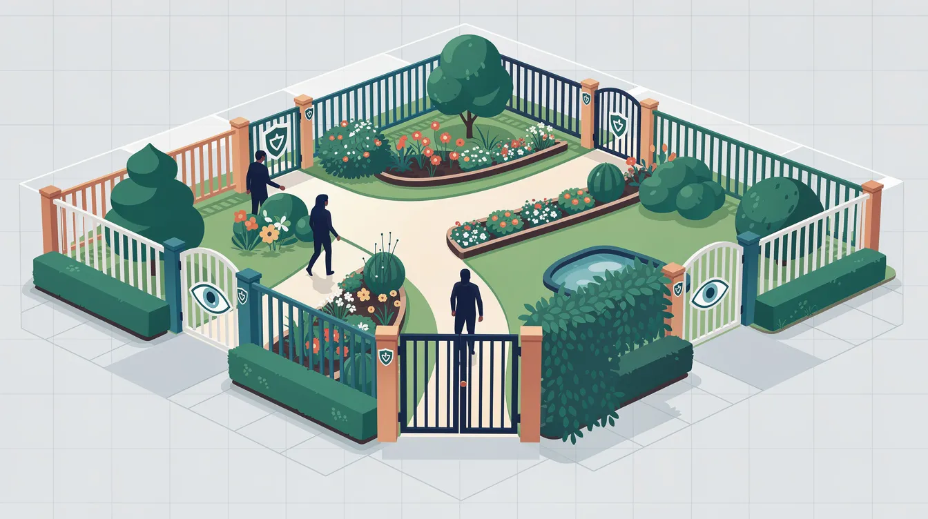 A garden with fences and gates illustrating natural access control techniques.